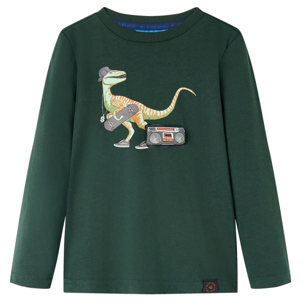 Langærmet T-shirt til børn - str. 116, mørkegrøn med dinosaur