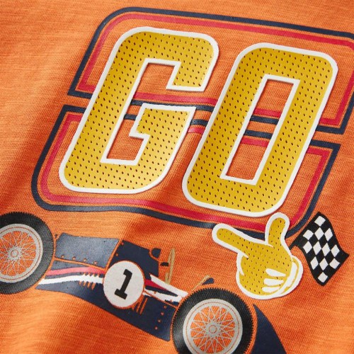 Langærmet T-shirt til børn str. 92 med racerbiler - mørk orange