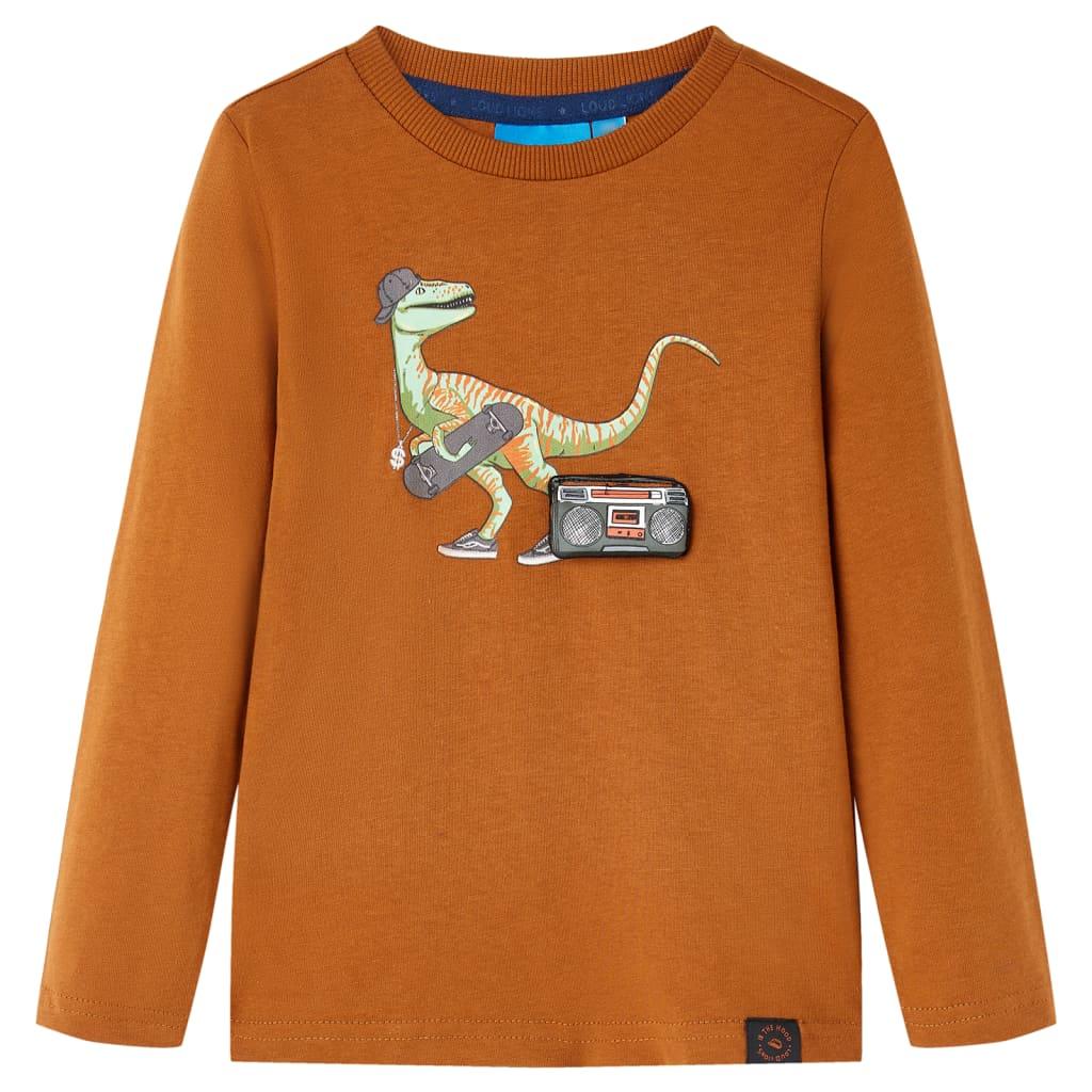Langærmet T-shirt til børn str. 104 - cognacfarvet med dinosaur