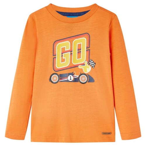 Langærmet T-shirt til børn str. 104 - mørk orange med racerbiler