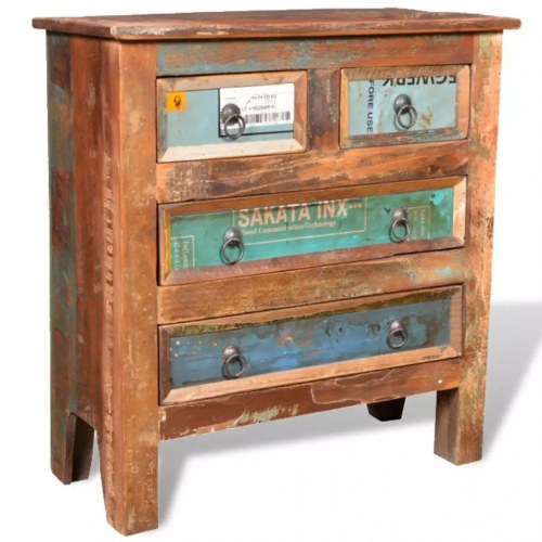 Kommode med 4 skuffer i massivt genbrugstræ - vintagelook