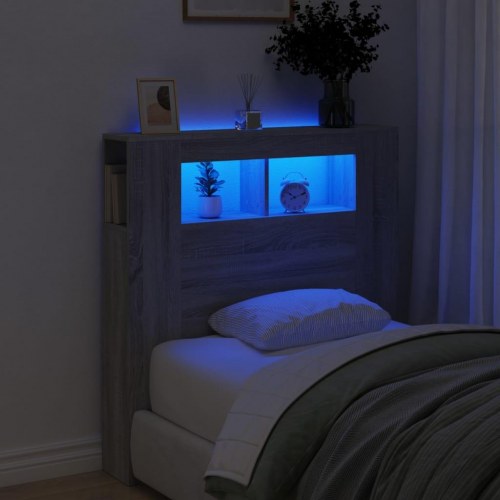 Sengegavl med LED-lys og hylder - 100×18,5×103,5 cm, grå sonoma