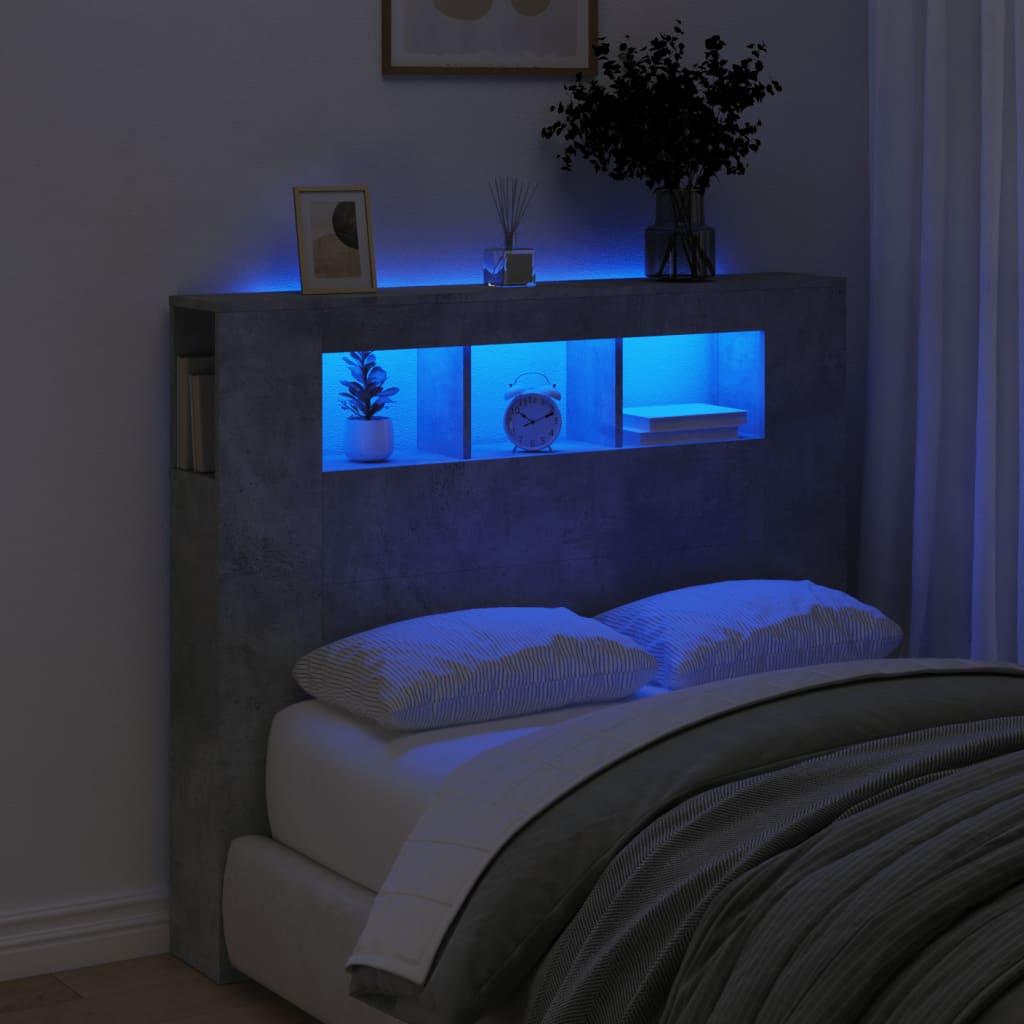 Sengegavl m. LED-lys 120x18,5x103,5 cm konstrueret træ betongrå