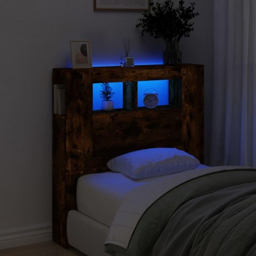 Sengegavl med LED-lys 100 × 18,5 × 103,5 cm - konstrueret træ, røget eg