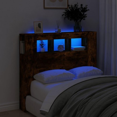 Sengegavl med LED-lys 120 × 18,5 × 103,5 cm - konstrueret træ, røget eg
