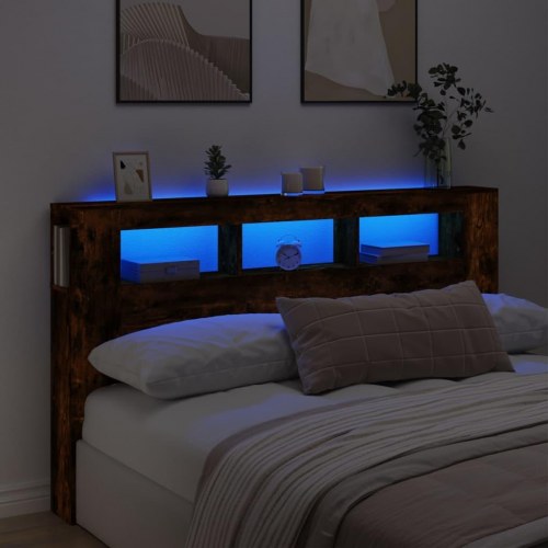 Sengegavl med LED-lys 180×18,5×103,5 cm - konstrueret træ, røget eg