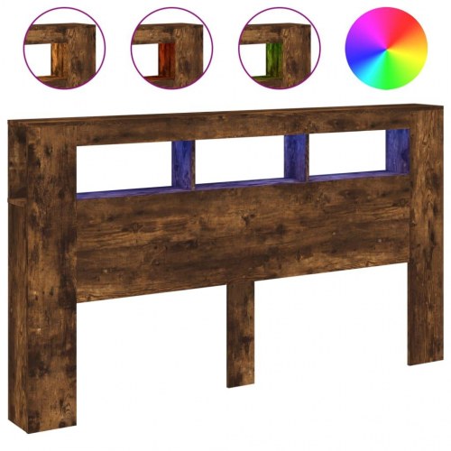 Sengegavl med LED-lys 180×18,5×103,5 cm - konstrueret træ, røget eg