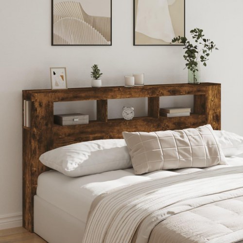 Sengegavl med LED-lys 180×18,5×103,5 cm - konstrueret træ, røget eg