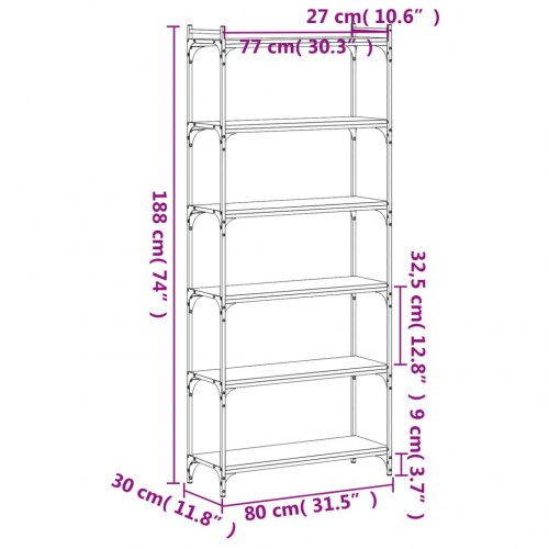 Bogreol med 6 hylder - 80×30×188 cm i sort konstrueret træ