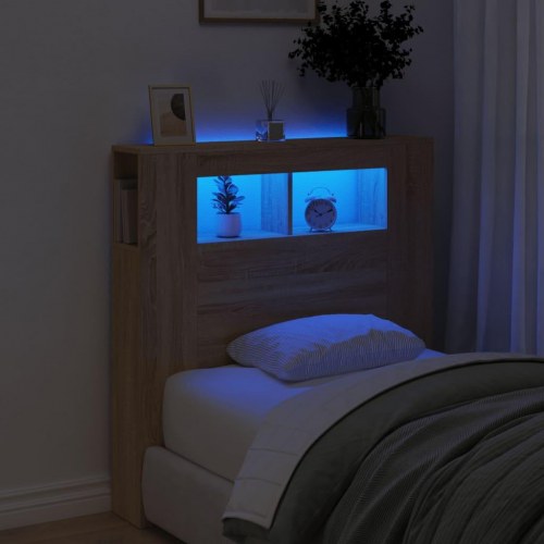 Sengegavl 100×18,5×103,5 cm med RGB LED-lys - konstrueret træ, sonoma-eg