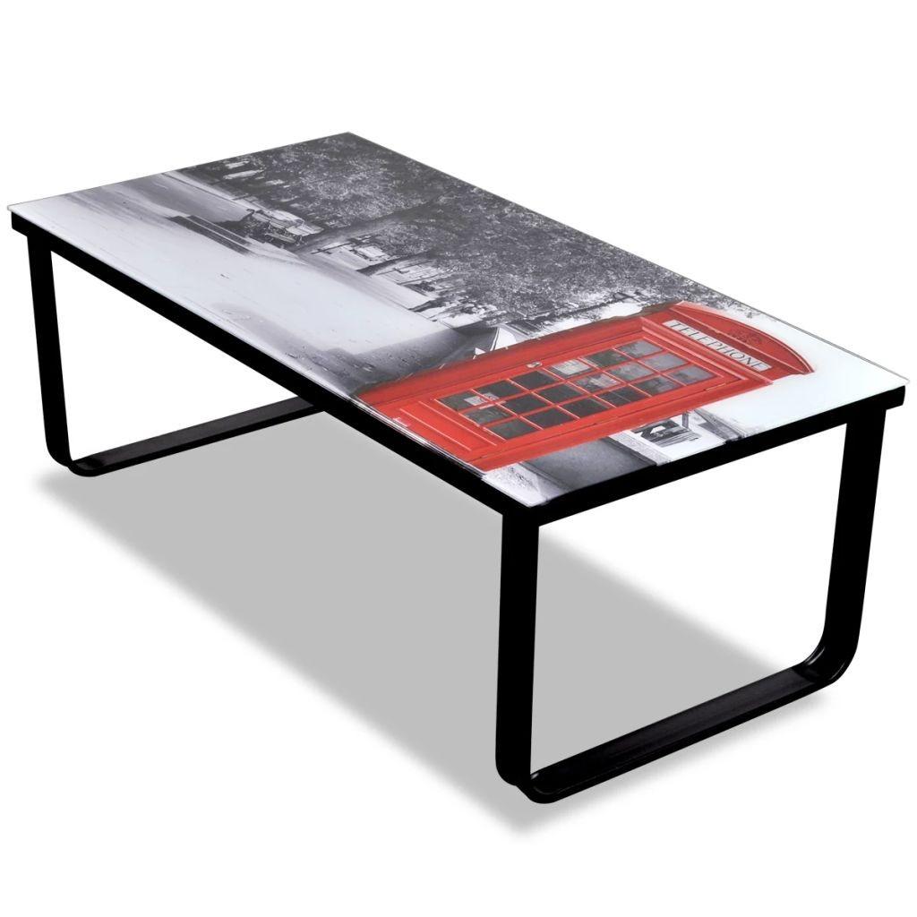 Sofabord med telefonboksprint glasbordplade