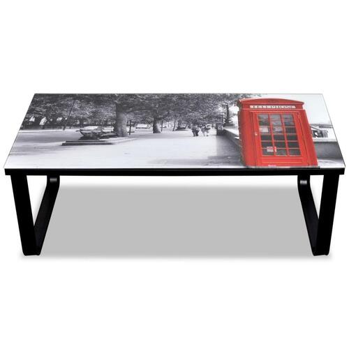 Sofabord med telefonboksprint glasbordplade