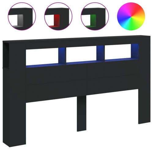 Sengegavl med LED-lys 180x18,5x103,5 cm konstrueret træ sort