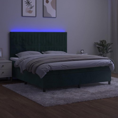 Kontinentalseng med LED-lys 160×200 cm - fløjl, mørkegrøn