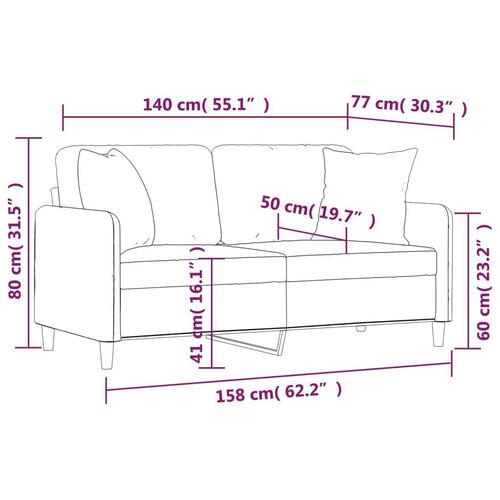 2-personers sofa med pyntepuder 140 cm stof lysegrå