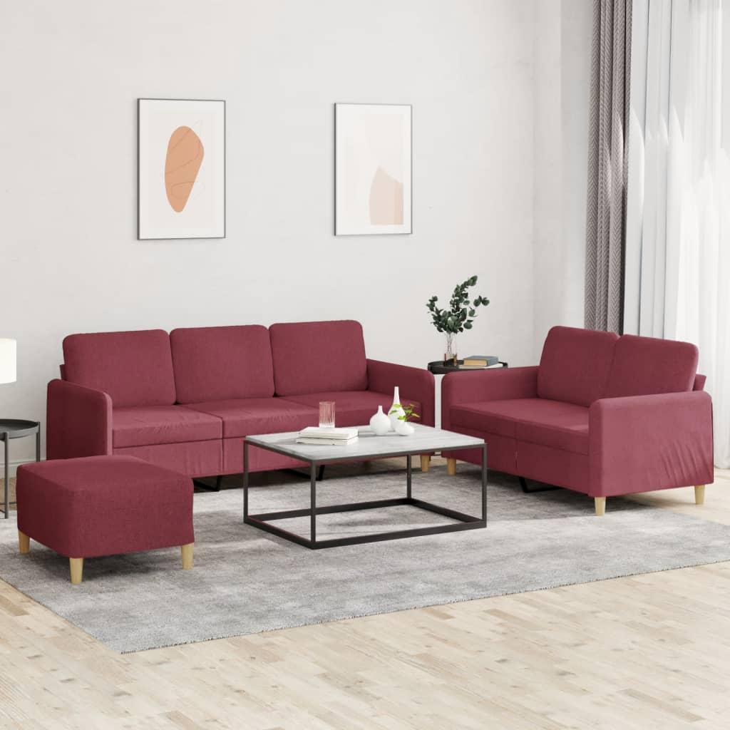 Sofasæt i stof med hynder - 3- og 2-personers sofa + fodskammel, vinrød