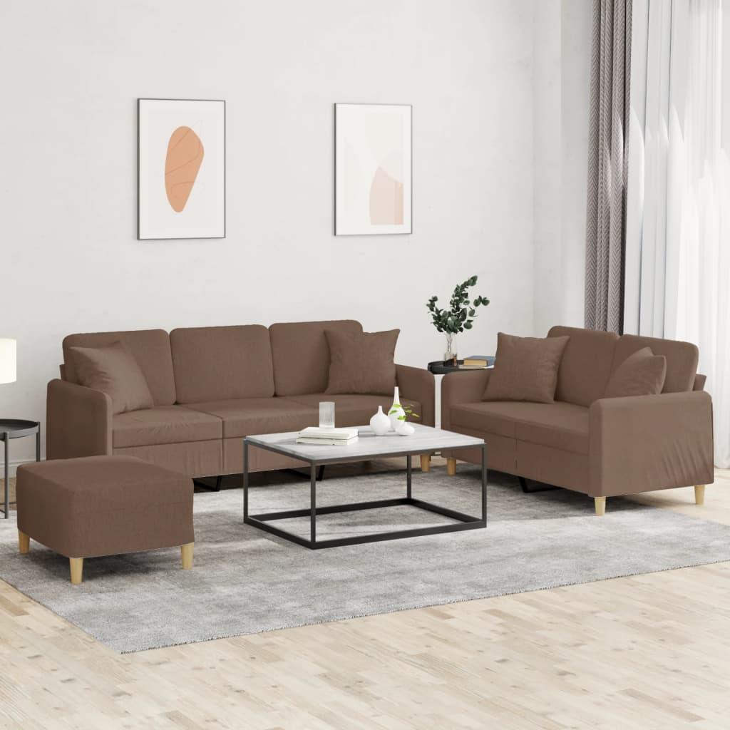 Sofasæt i stof med puder og fodskammel - brun, 3 dele