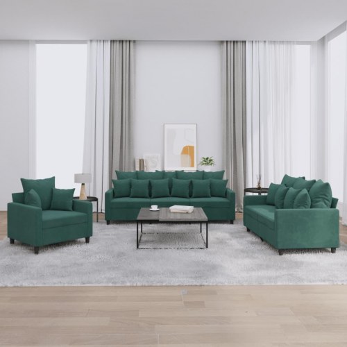 Sofasæt i velour - 3 dele med hynder, mørkegrøn