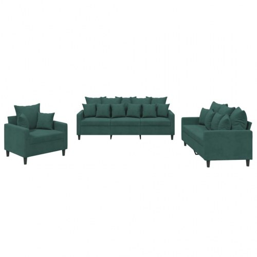 Sofasæt i velour - 3 dele med hynder, mørkegrøn