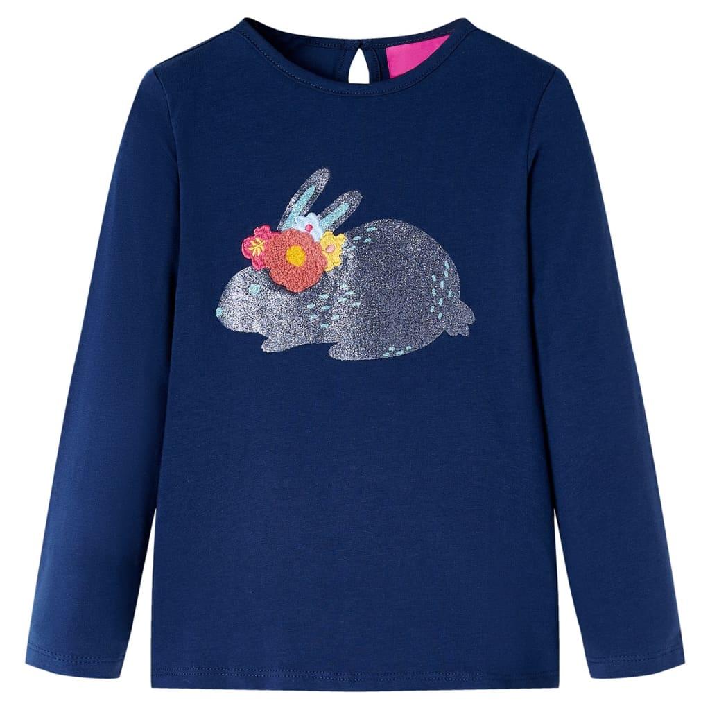 Langærmet T-shirt til børn str. 116 - marineblå med glitrende kanin