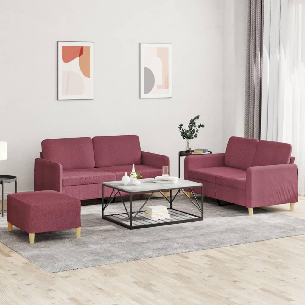 Sofasæt i stof - 2 x 2-personers sofa + fodskammel, vinrød