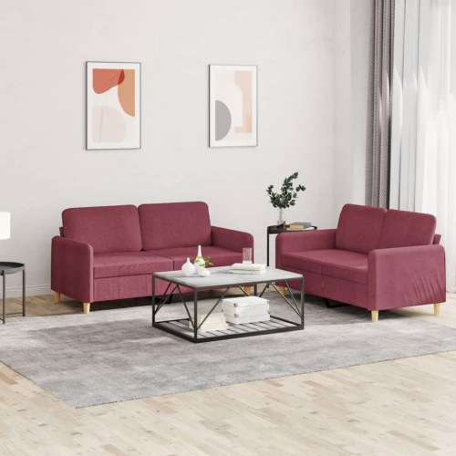 Sofasæt i stof - 2-pers. + 2-pers., vinrød, med hynder