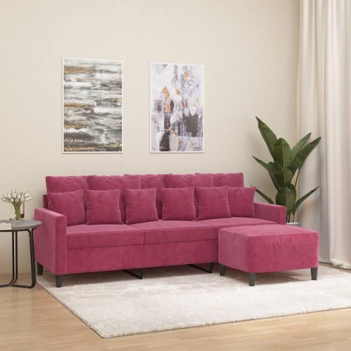 3-personers sofa med fodskammel i velour - vinrød, 180 cm