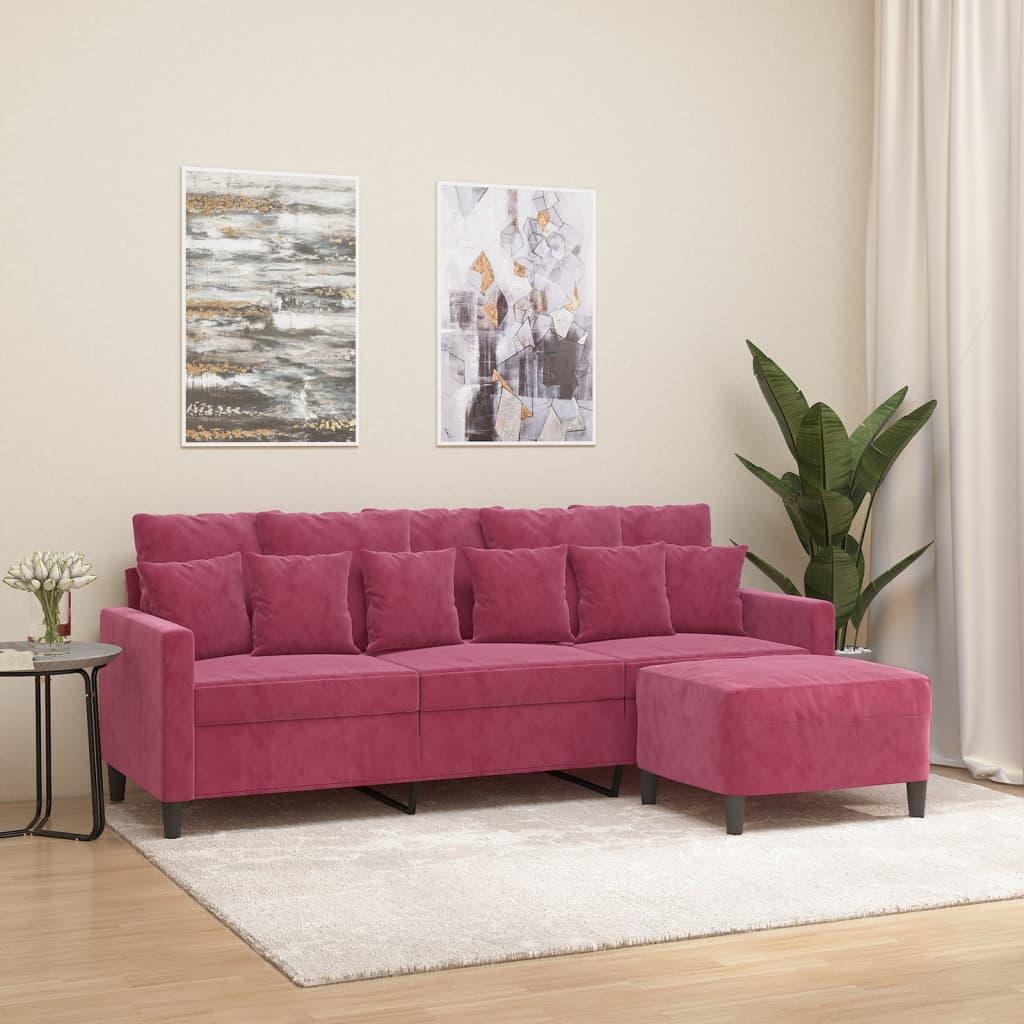 3-personers sofa med fodskammel 180 cm velour vinrød billede