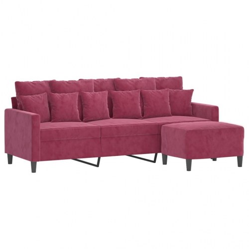 3-personers sofa med fodskammel i velour - vinrød, 180 cm