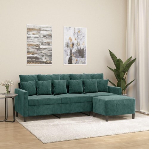 3-personers sofa med fodskammel i velour - mørkegrøn, 198 cm
