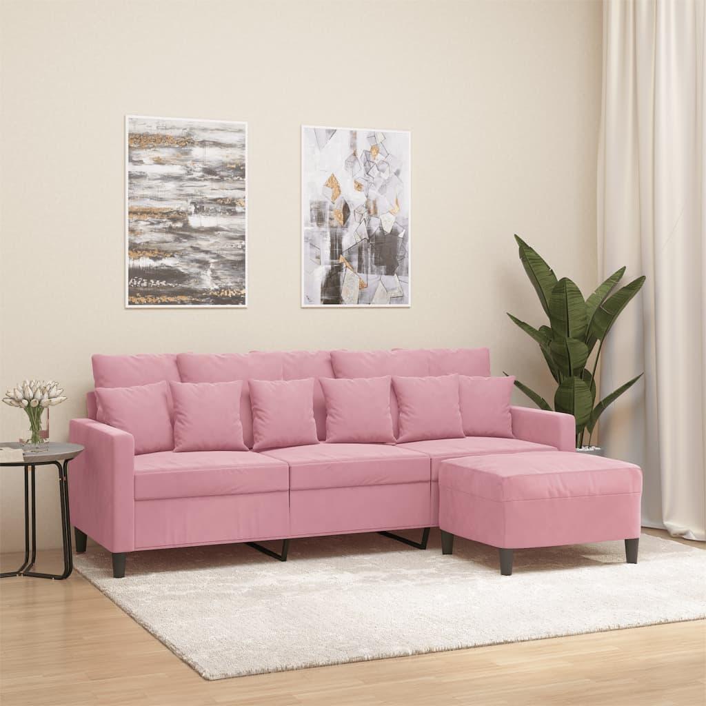 3-Personers Sofa Med Fodskammel 180 Cm Velour - Lyserød