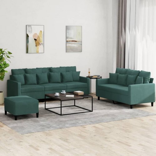 Sofasæt i velour med hynder - 3 dele, mørkegrøn