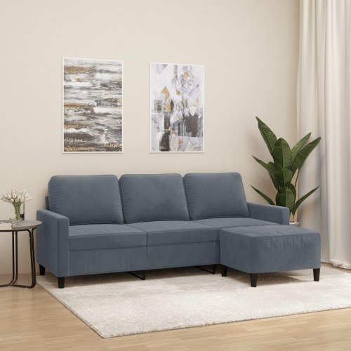 3-personers sofa med fodskammel i velour - mørkegrå, 198 cm