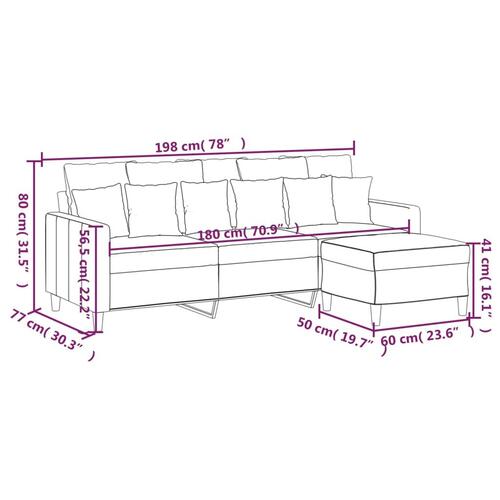 3-personers sofa med fodskammel 180 cm velour lysegrå
