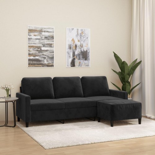 3-personers sofa med fodskammel i velour - sort, 180 cm