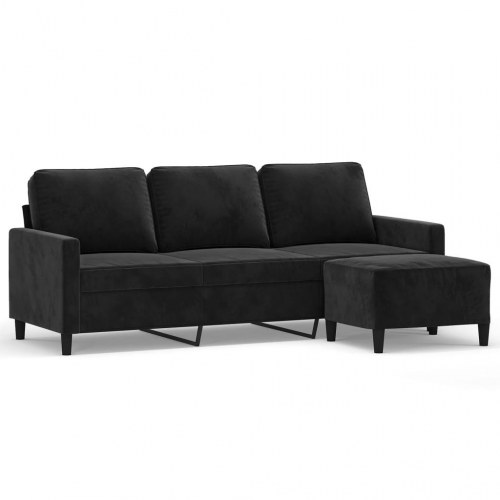 3-personers sofa med fodskammel i velour - sort, 180 cm
