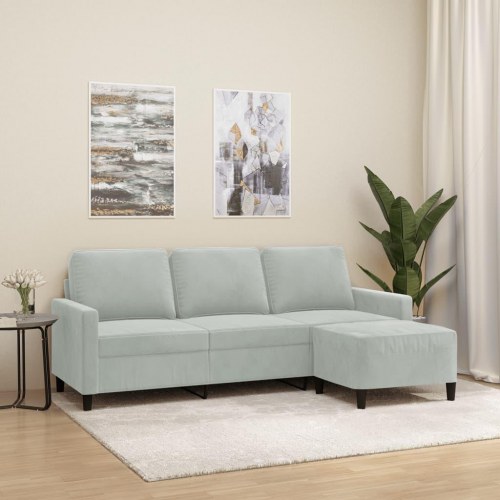 3-personers sofa med chaiselong/fodskammel - 180 cm velour, lysegrå