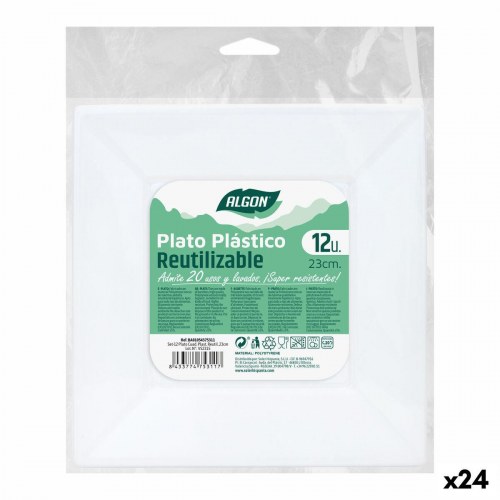 Algon genanvendelige firkantede plasttallerkener, hvid - 23 × 23 × 2 cm (24 stk.)