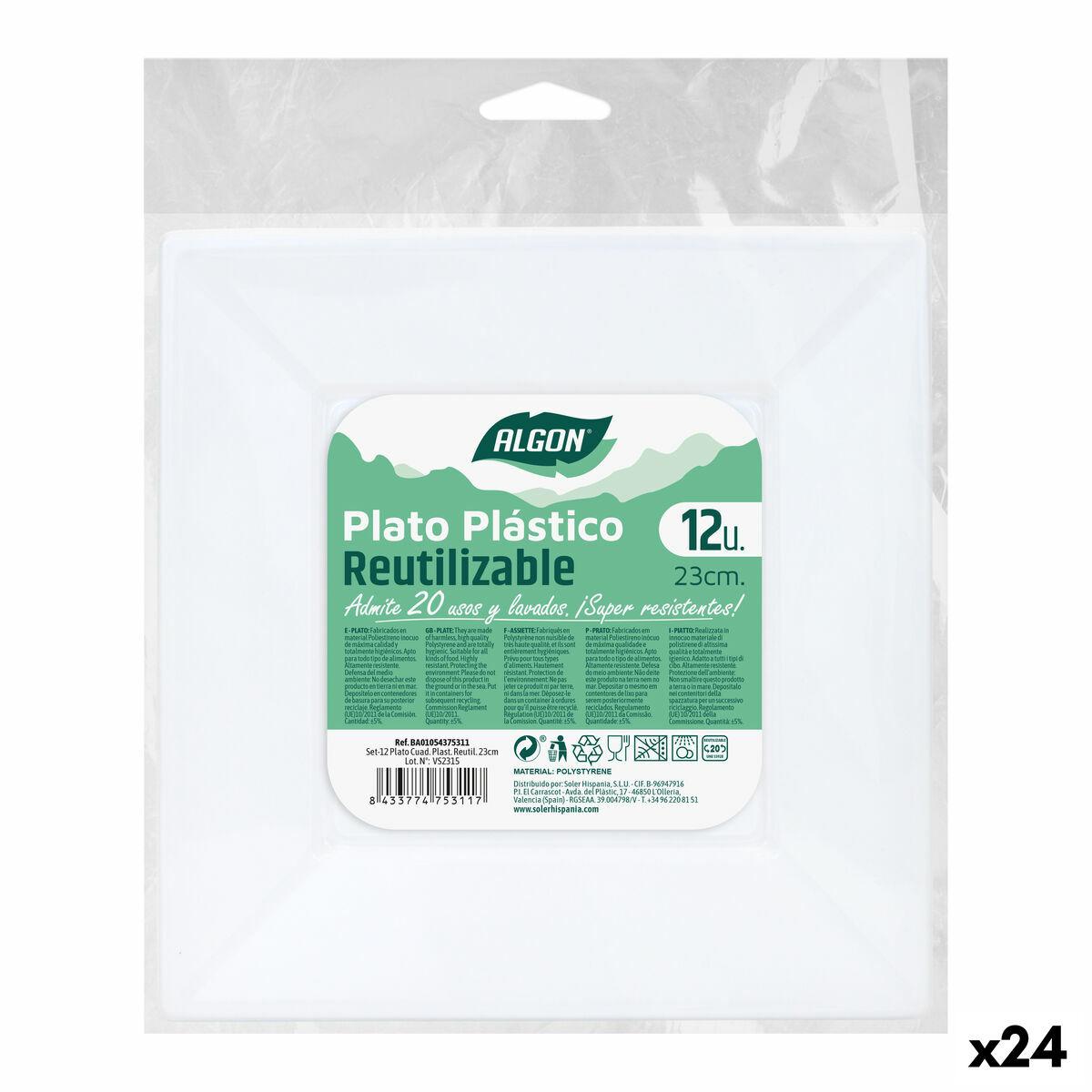 Algon genanvendelige firkantede plasttallerkener, hvid - 23 × 23 × 2 cm (24 stk.)