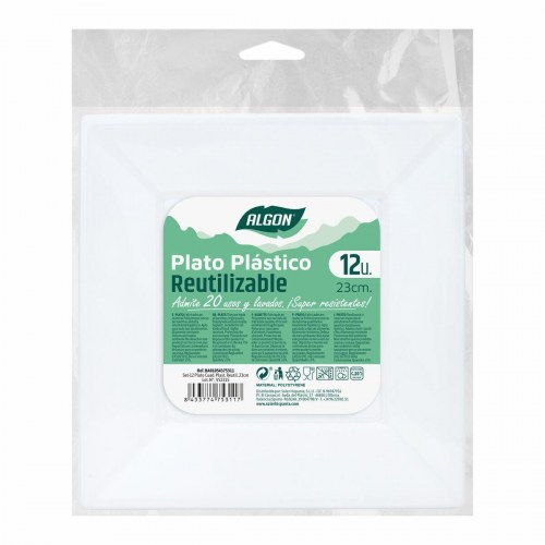 Algon genanvendelige firkantede plasttallerkener, hvid - 23 × 23 × 2 cm (24 stk.)