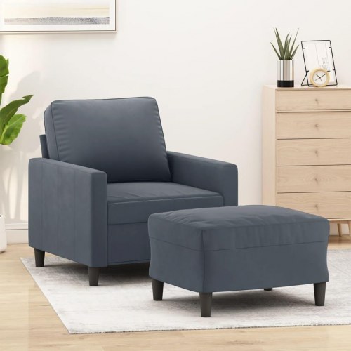 Sofastol med fodskammel i velour - 60 cm sæde, mørkegrå