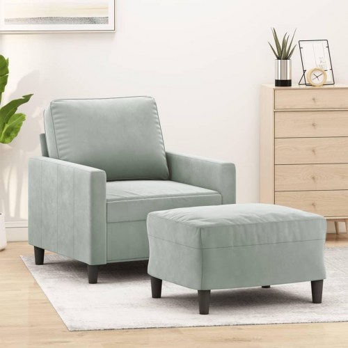 Sofastol med fodskammel i velour - 60 cm sædebredde, lysegrå