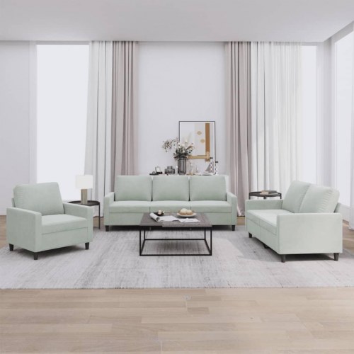 Sofasæt i velour - 3 dele med hynder, lysegrå