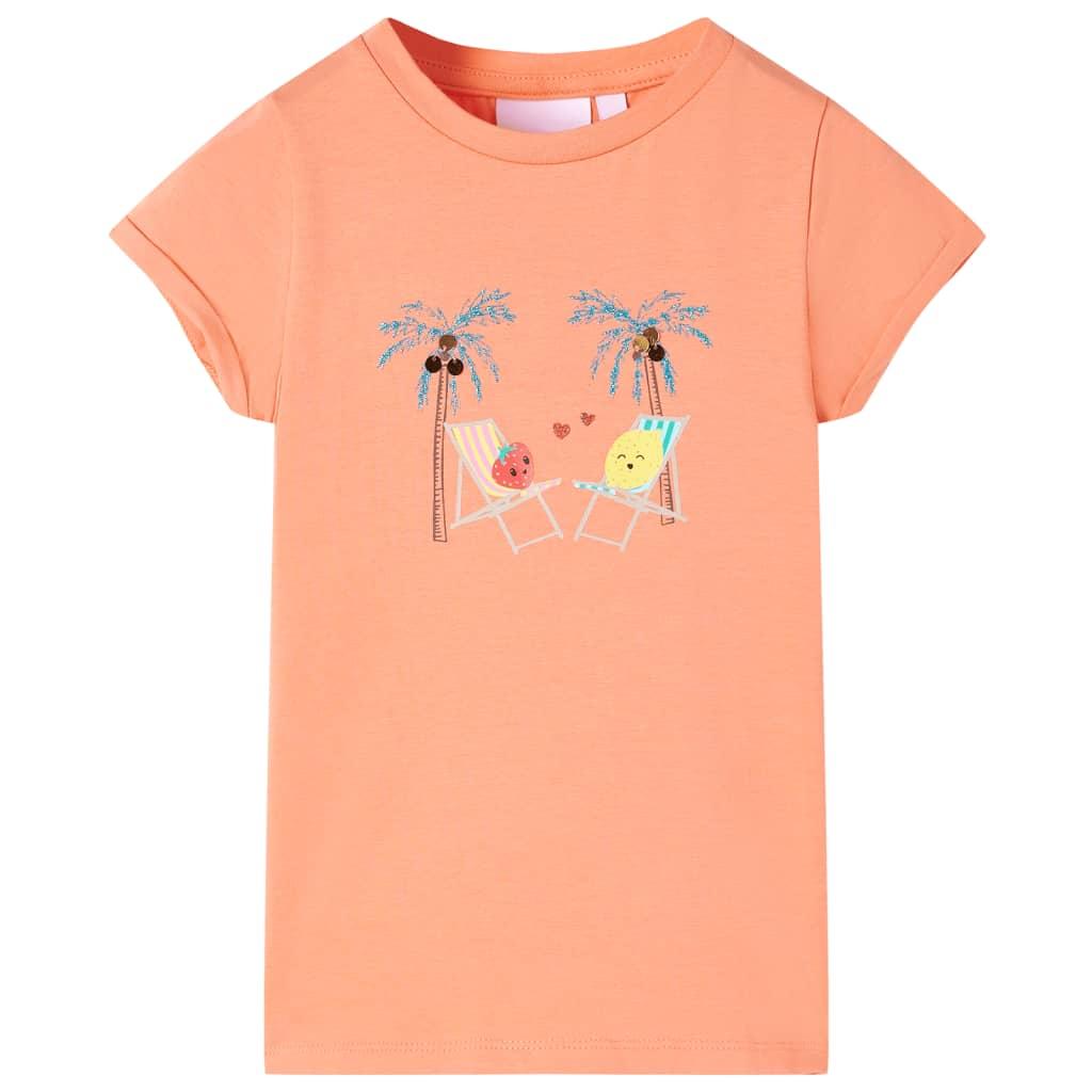 T-shirt til børn str. 140 - ferskenfarvet med frugtprint