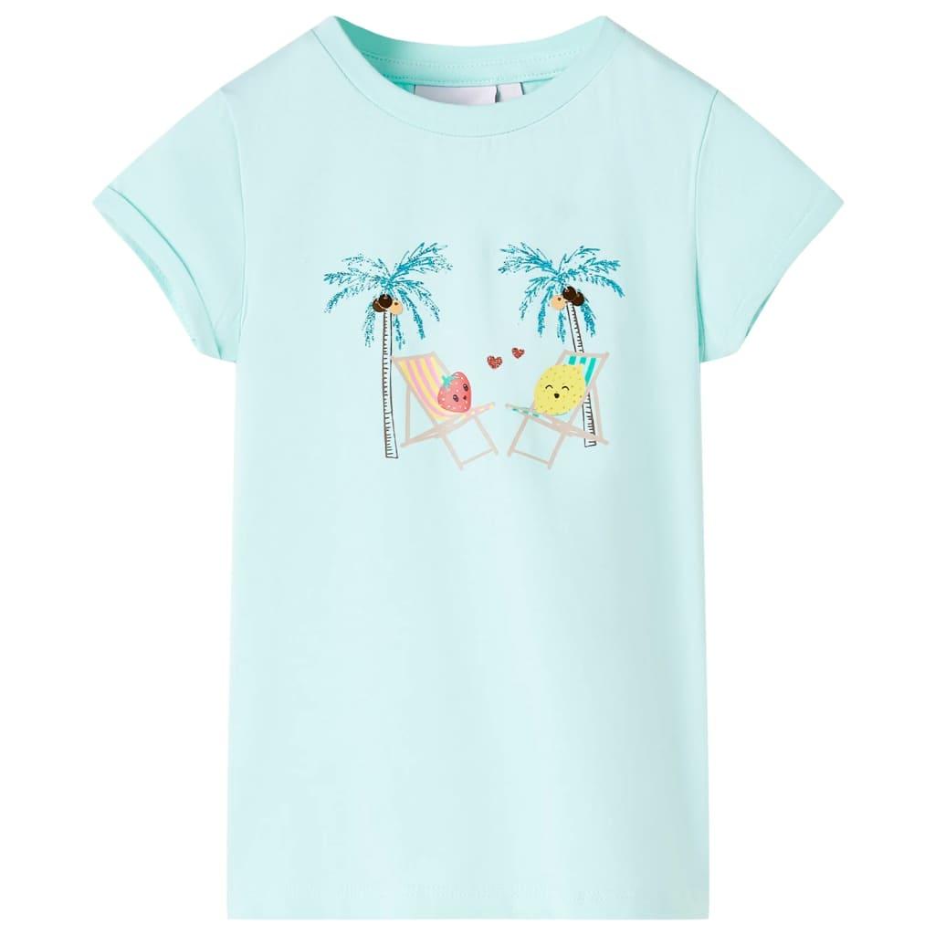 Kortærmet T-shirt til børn str. 140 - lys akvamarinblå med frugtprint