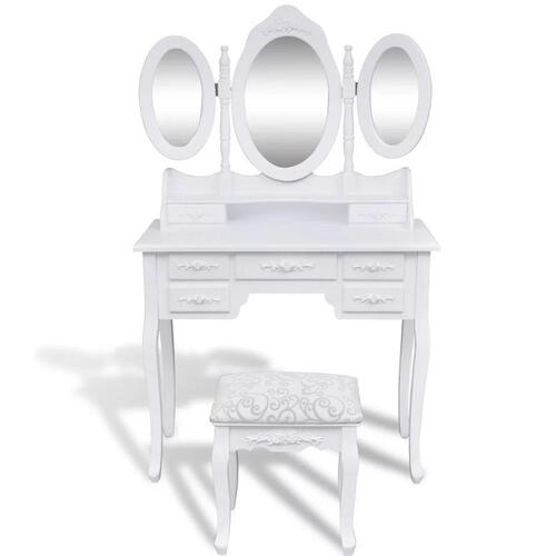 Toiletbord med taburet og 3 spejle hvid