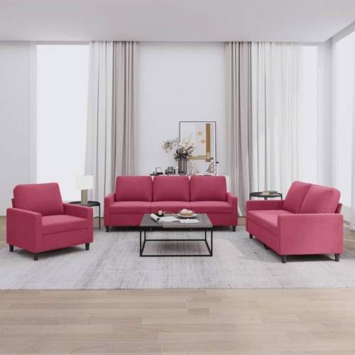 Sofasæt i velour - 1-, 2- og 3-personers sofa med hynder, vinrød