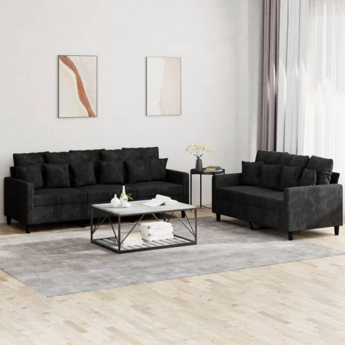 Sofasæt i velour, 2-dele - sort 2- og 3-personers