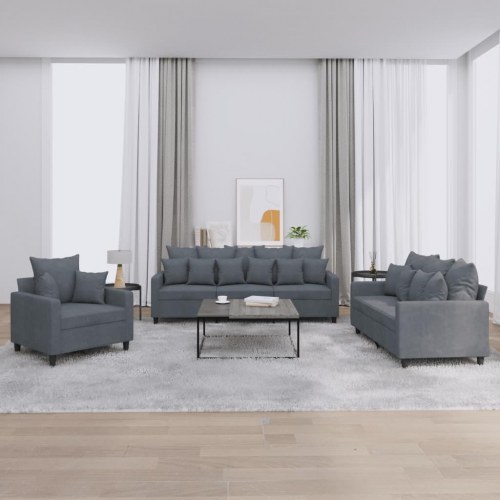 Sofasæt i velour, 3 dele med hynder - mørkegrå
