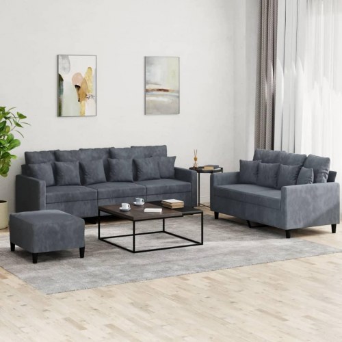 Sofasæt i velour, 3 dele med hynder - mørkegrå